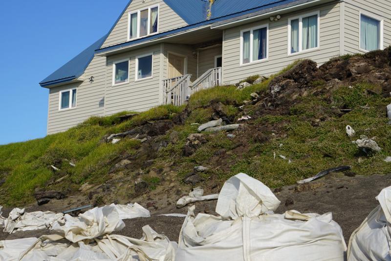 Erosion has brought the edge of a permafrost bluff to the back of Oliver and Annie Leavitt's home in Utqiagivk. The house and the bluff it sits on are seen on Aug. 2. Protruding from the bluff are artifacts from Utqiagvik's past, including whale bones used for sod homes. (Photo by Yereth Rosen/Alaska Beacon)